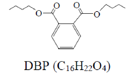 Molekul Dibuthyl Phthalate 3D berwarna oranye dengan latar belakang putih