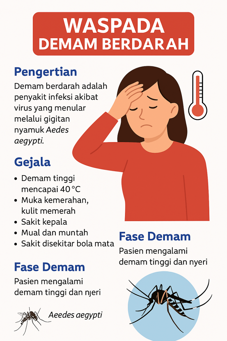Infografis berbahasa Indonesia tentang demam berdarah, menampilkan gejala umum, pengertian penyakit, dan gambar nyamuk Aedes aegypti.